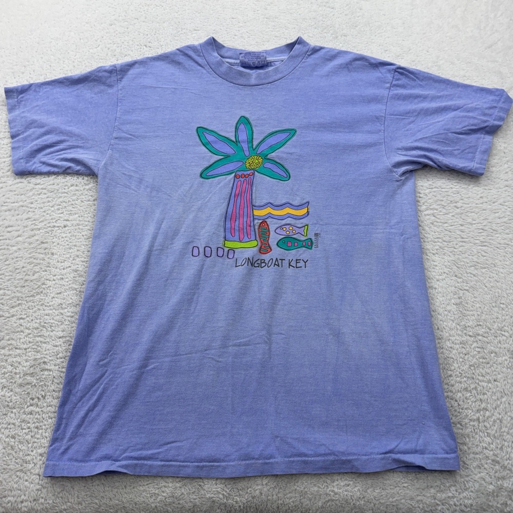 Vintage Fresh Produce Longboat Key Graphic T Shirt Men's L Purple Palm Tree Fish